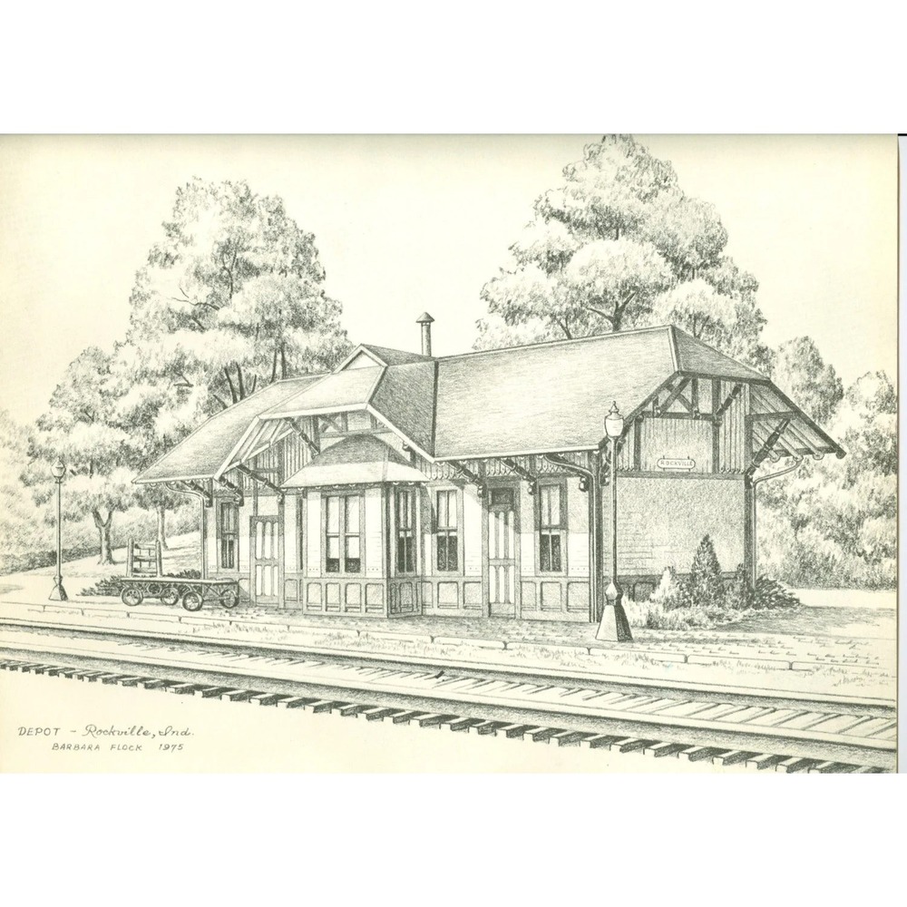 Barbara Flock Rockville Indiana Train Depot Art 1975 Black White Sketch 15x12